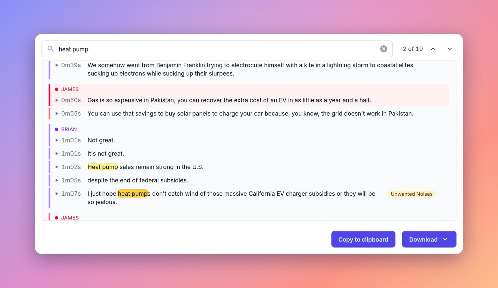 Searching a two-host episode for heat pump: 19 matches, highlighted in place Searching a two-host episode for heat pump: 19 matches, highlighted in place