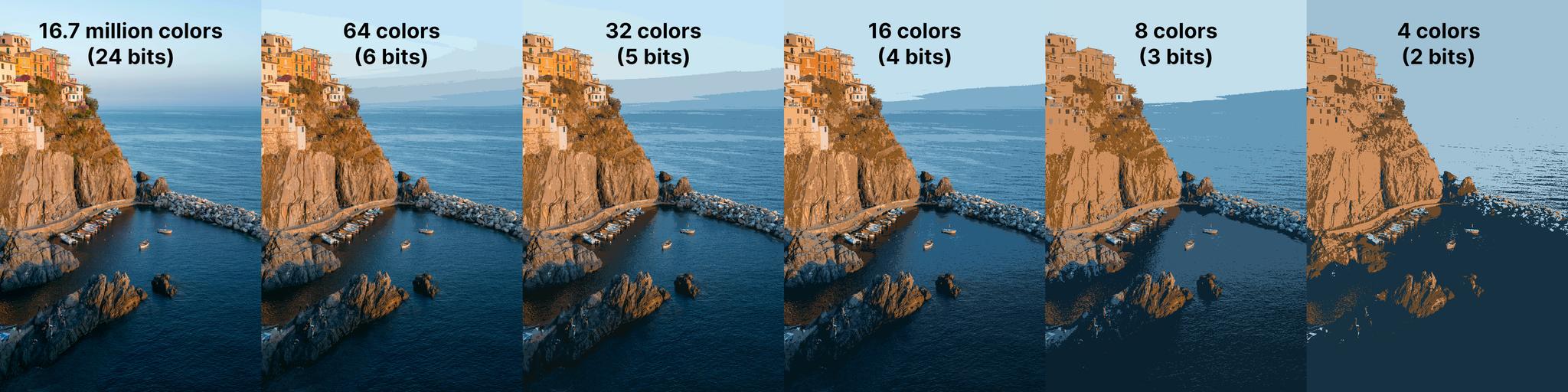 Visual analogy using a photo with colors representing bit depth