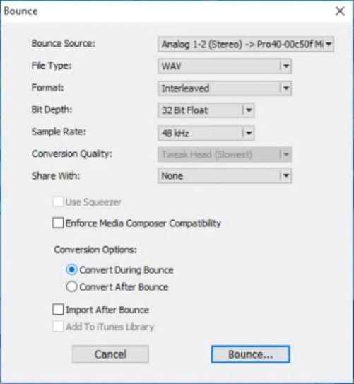 Pro Tools Bounce (Export) dialog